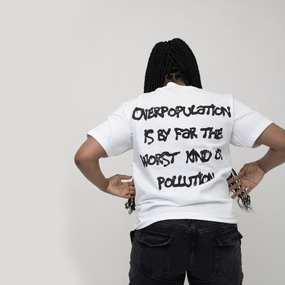 unisex urban street wear brand, overpopulation shirt with American girl close up, back,1THOUSAND,1THOUSAND CLOTHING,